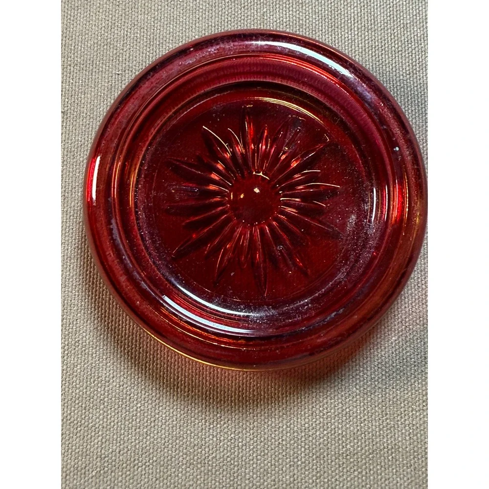 Vintage Red Glass Coaster with Starburst Pattern Retro Barware Drinkware